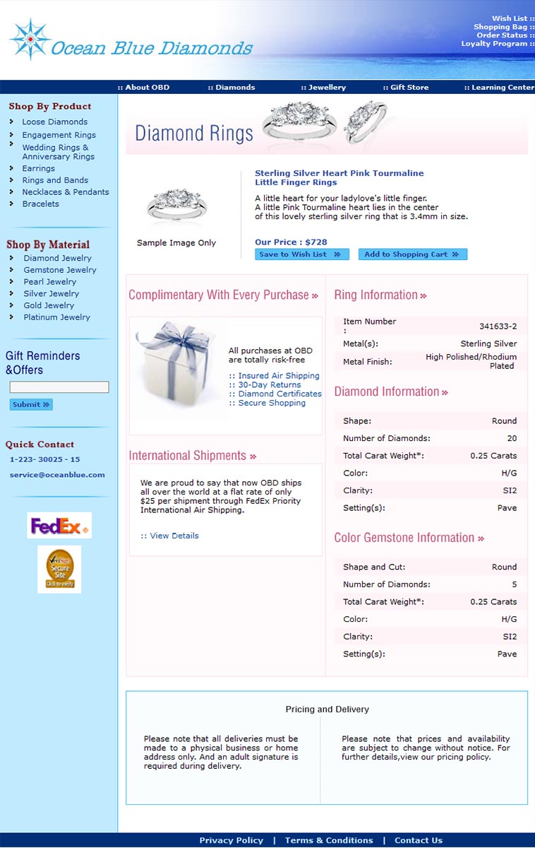 Ocean Blue Diamonds detail page layout