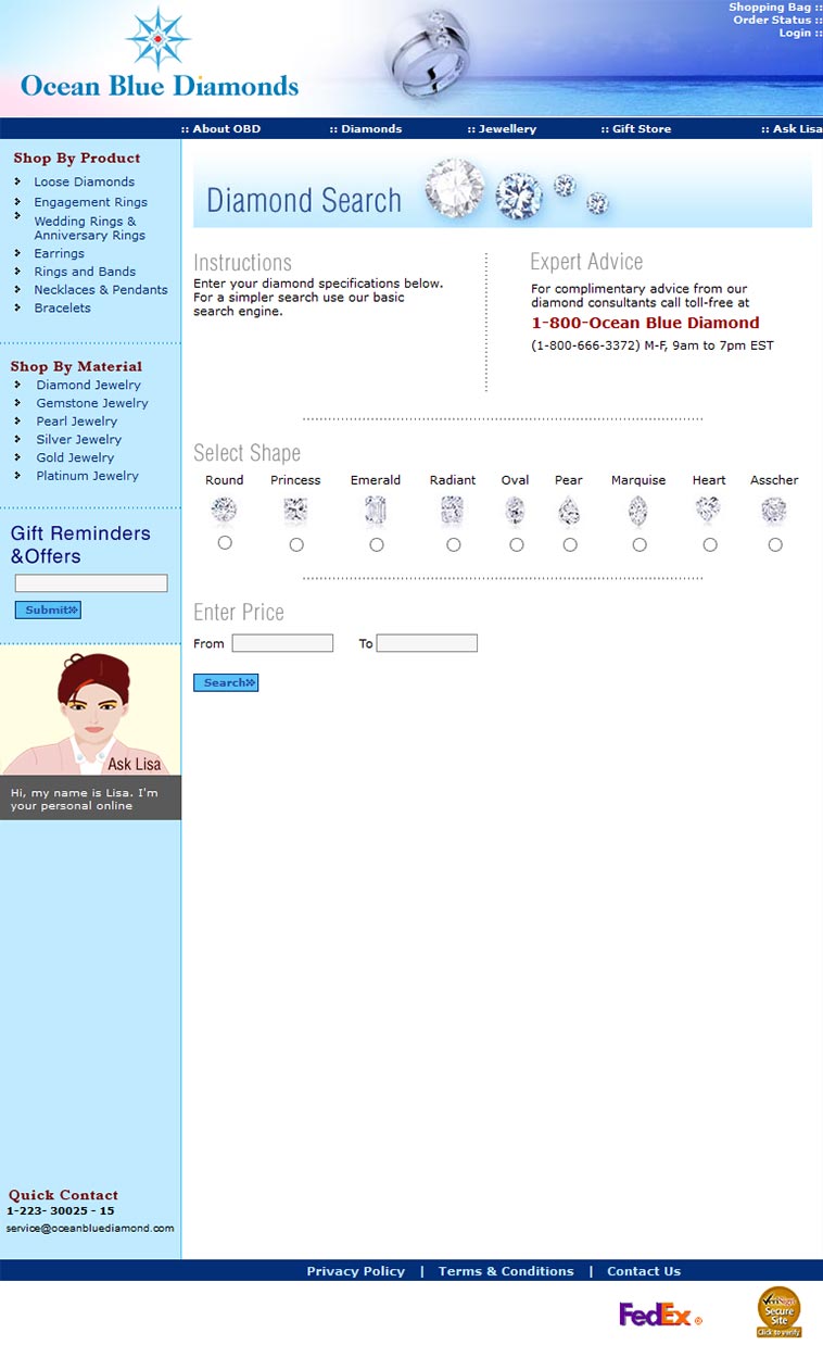 Ocean Blue Diamonds search page layout