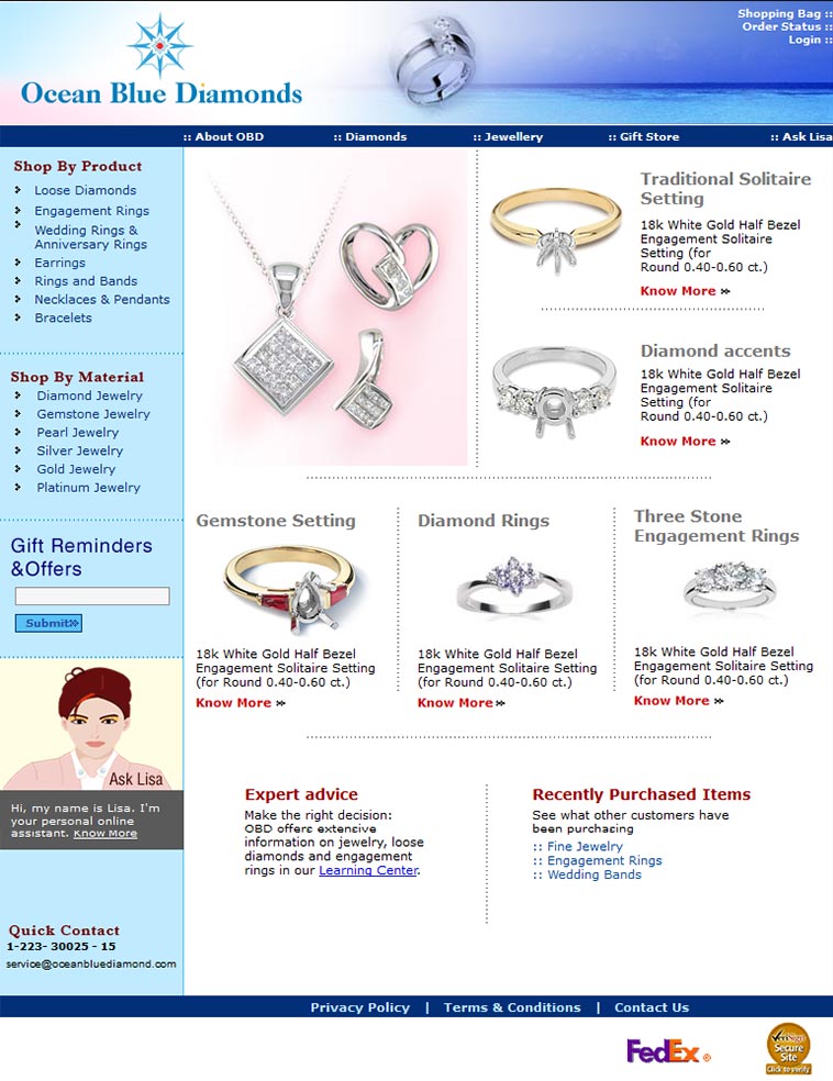 Ocean Blue Diamonds ring page layout